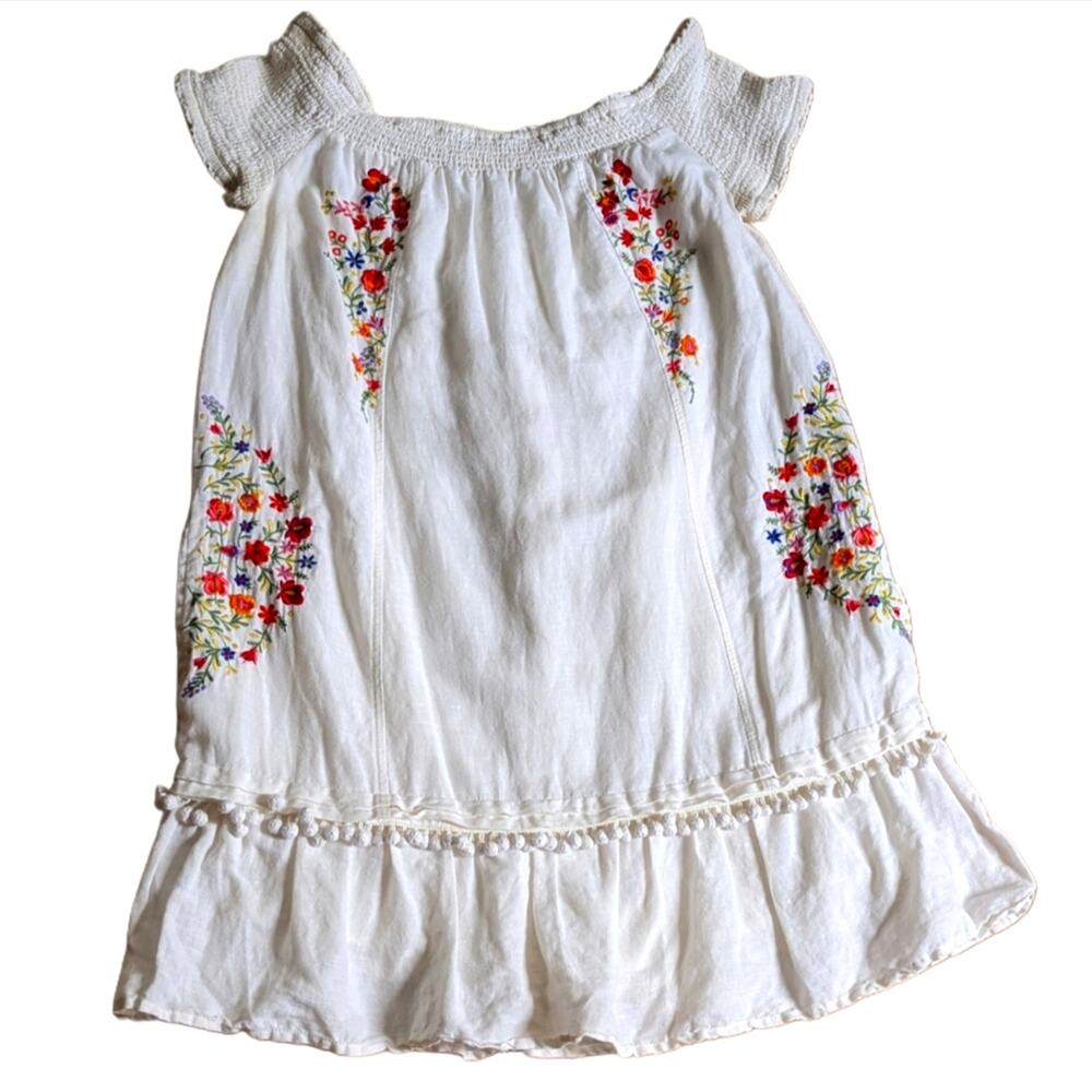 Moulinette Soeurs Linen Blend Floral Embroidered Boho Romantic Pom Hem Dress